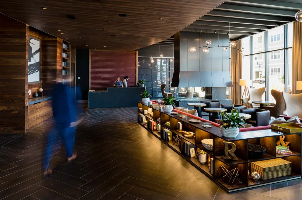 lobby inside Cambria hotel in Somerville