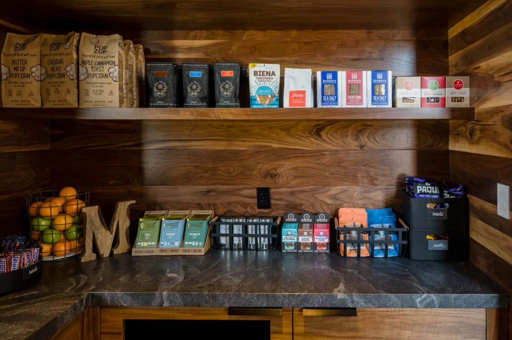Shelves stocked with grab-and-go snacks at our hotel near Boston, MA