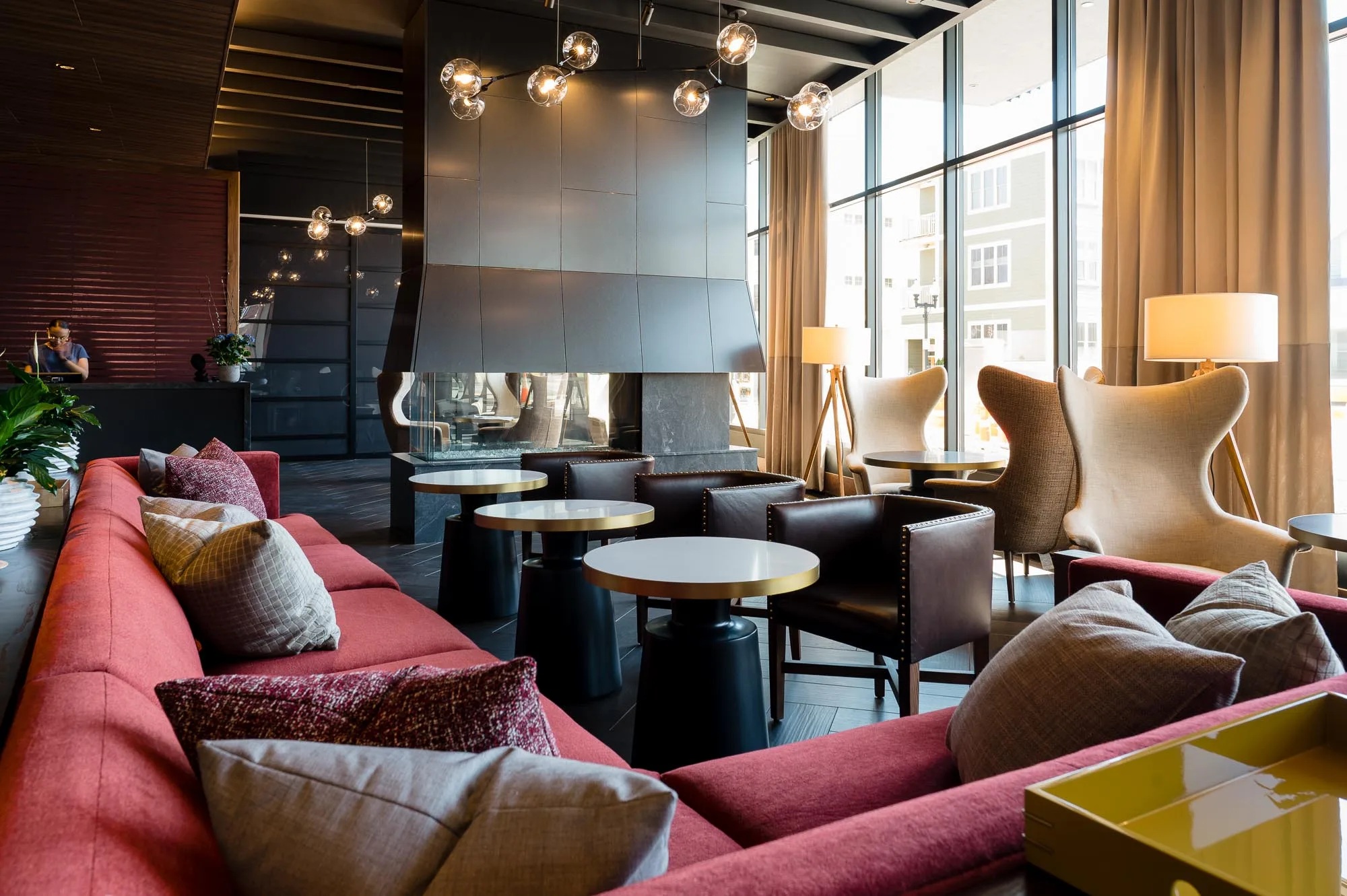 Lounge area in the lobby of Cambria's hotel in Somerville, MA