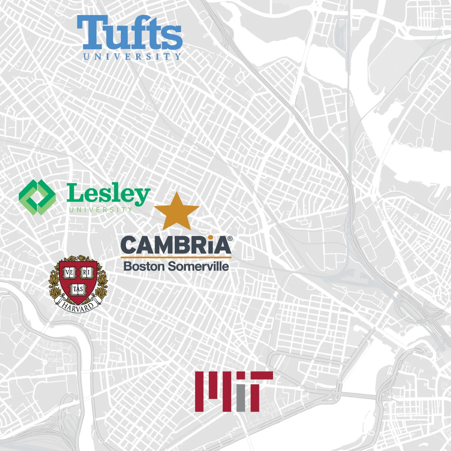 map of colleges and universities surrounding Cambria hotel in Somerville