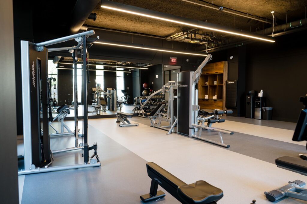 Fitness center with various equipment at the Cambria in Somerville
