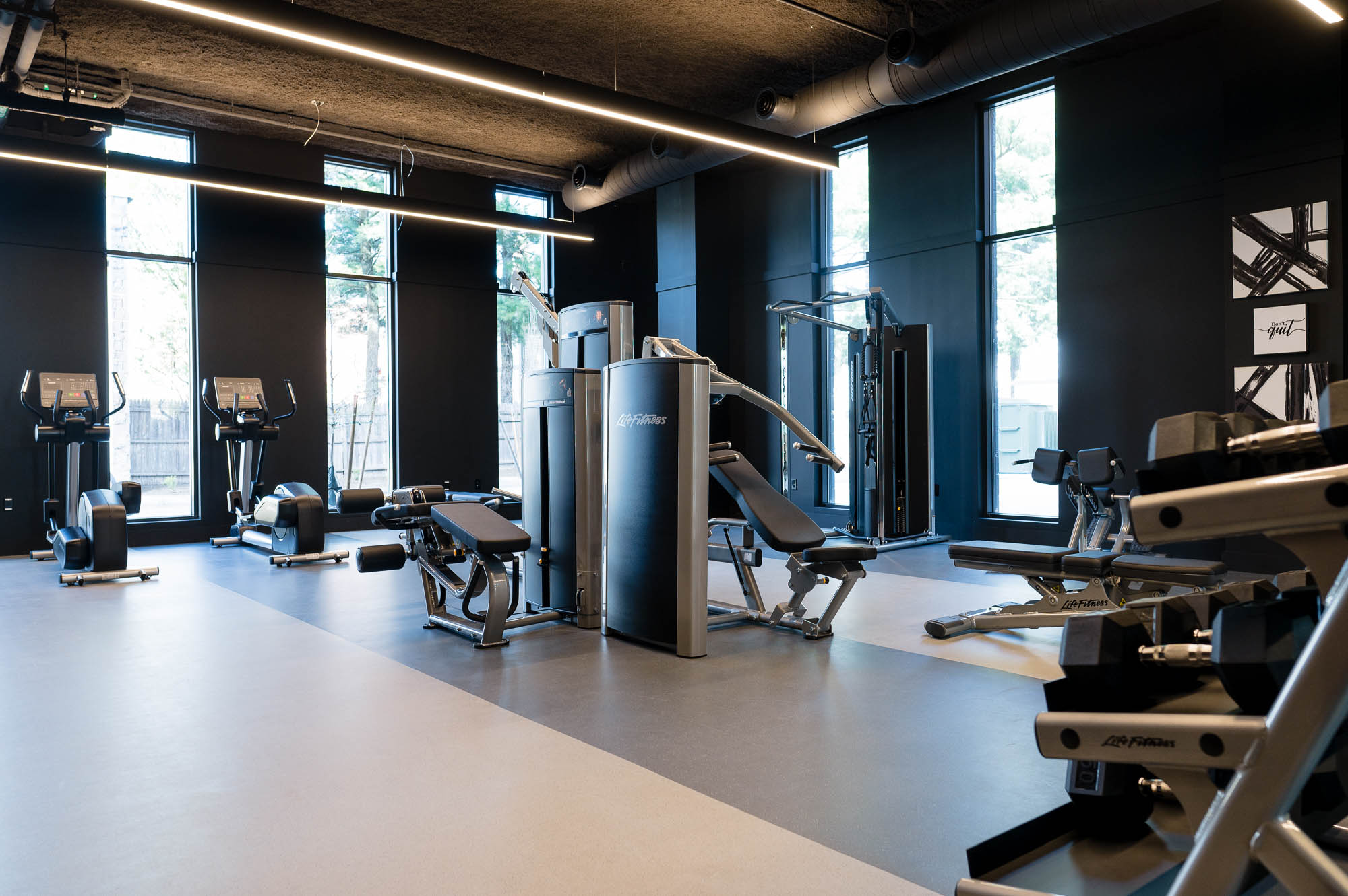 interior of the fitness facility at Cambria hotel in Somerville