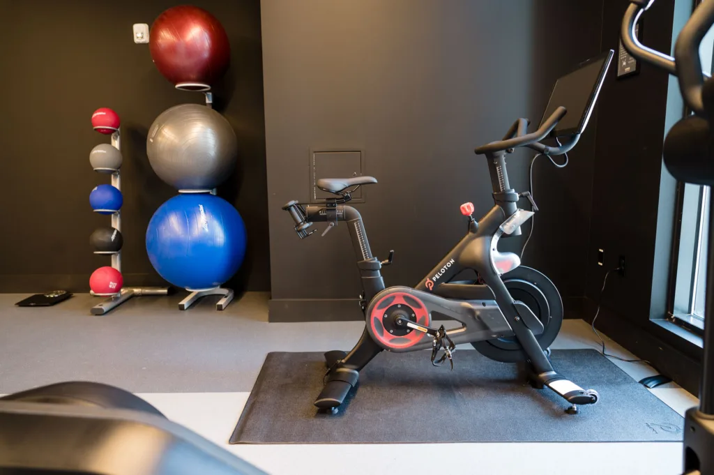 interior of the fitness facility at Cambria hotel in Somerville
