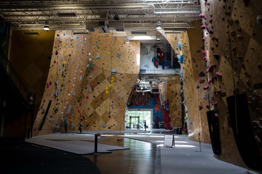 Various indoor rock climbing walls at the Boston Bouldering Project