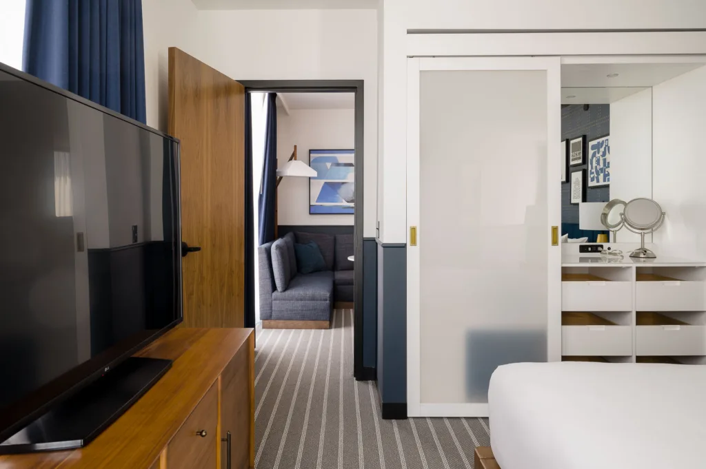 Artistic shot of a multi-room suite at our hotel in Somerville, Mass.