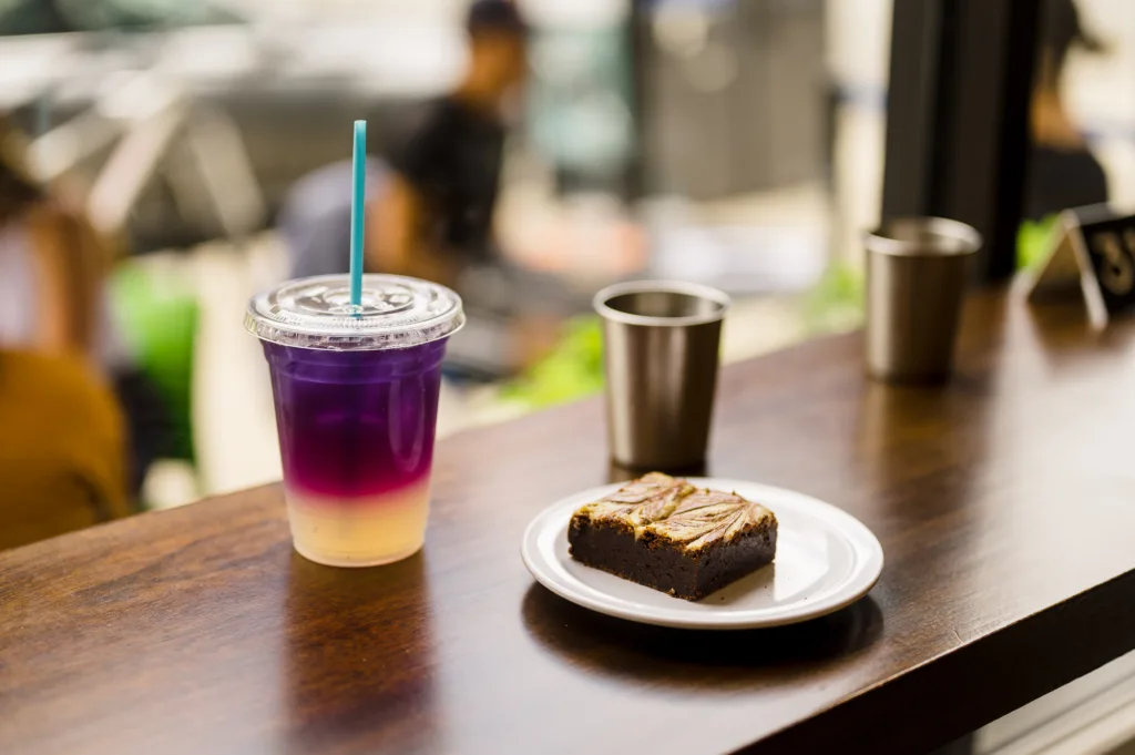 Purple lemonade and an elegant brownie at a Somerville bakery