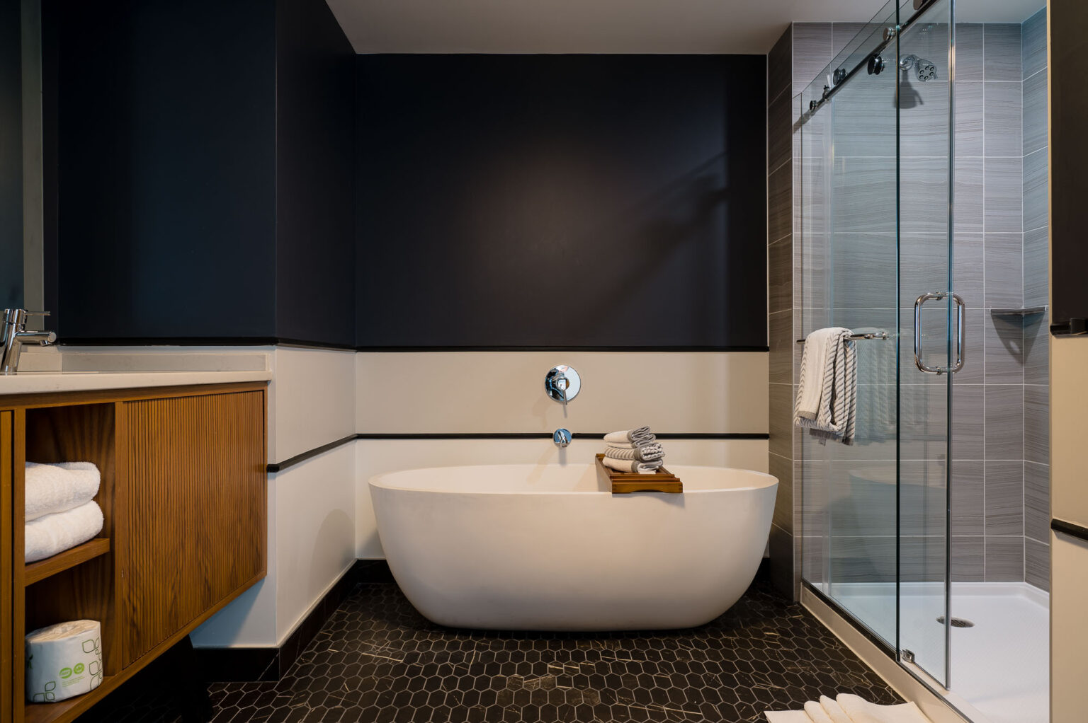 Large, spa-like tub and a glass shower at Cambria in Somerville-Boston