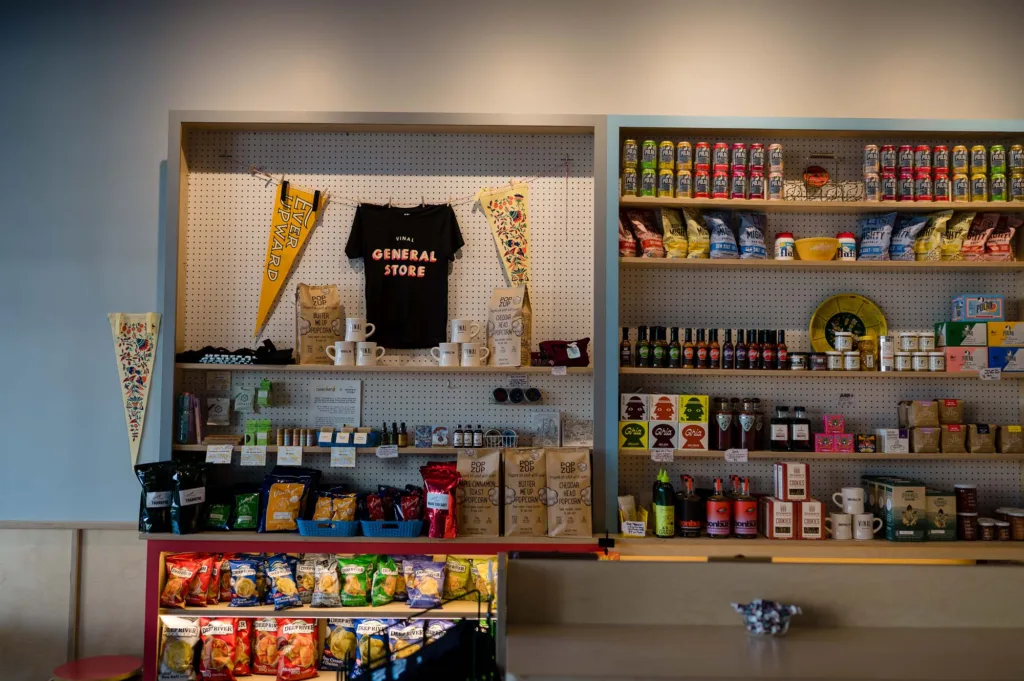 General Store shelves filled with snacks at Vinal Bakery in Somerville, MA