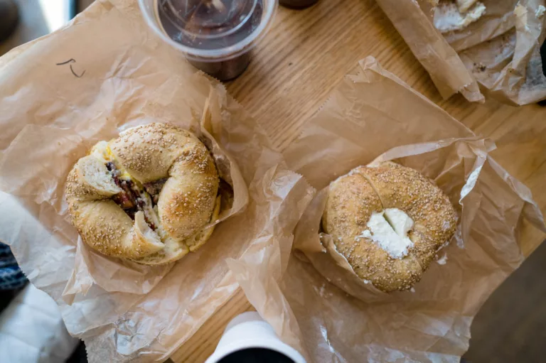 Two bagels in Cambridge, MA with fillings and toppings